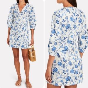 Derek Lam Crosby Blue and White Floral Puffed Quarter Sleeve Mini Dress